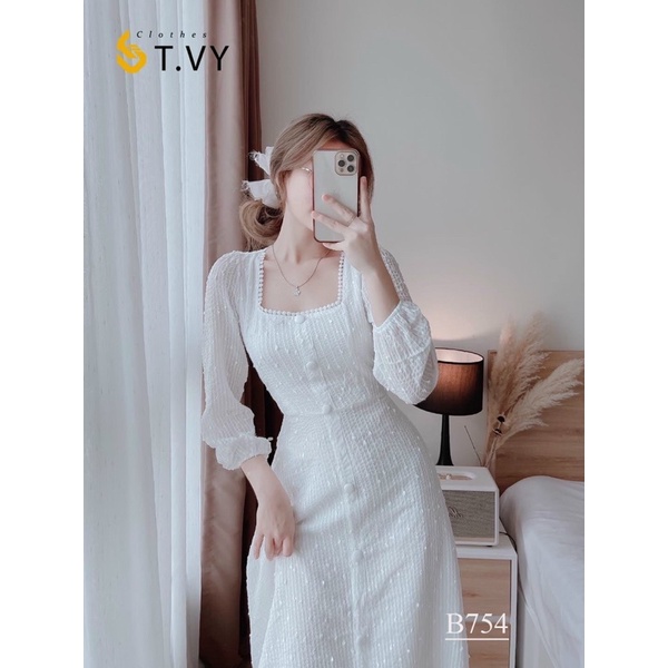 Váy trắng tay dài cổ vuông ren phong cách tiểu thư có dây nơ cột eo