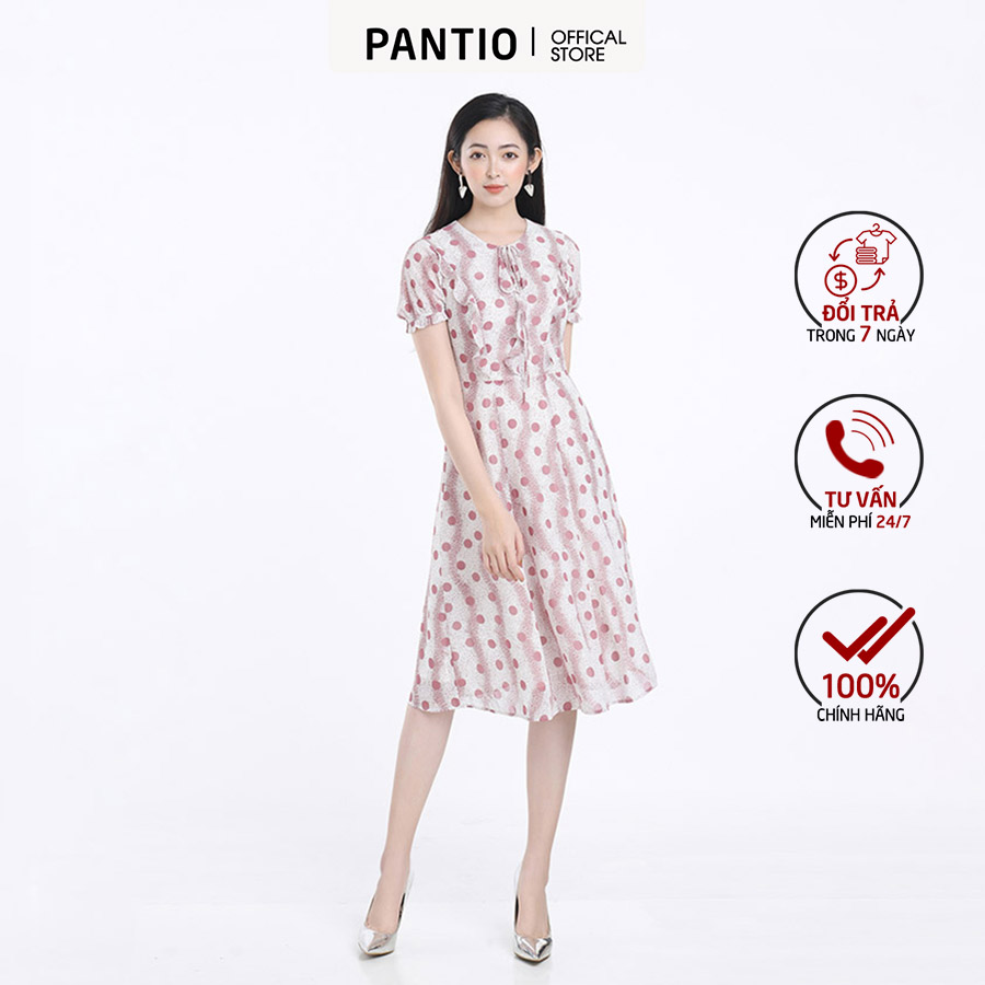 Đầm công sở chất liệu thô mềm họa tiết chấm bi cổ tròn fdc32582 - panto