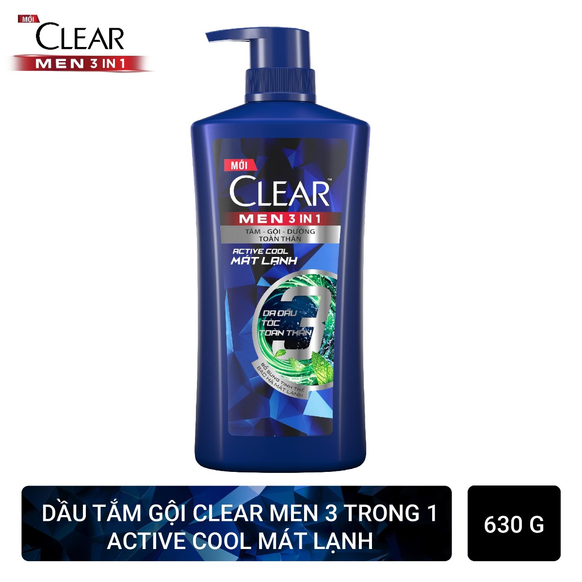 Dầu Tắm - Gội - Dưỡng Mát Lạnh 3 trong 1 cho nam 630g Clear Men Active Cool