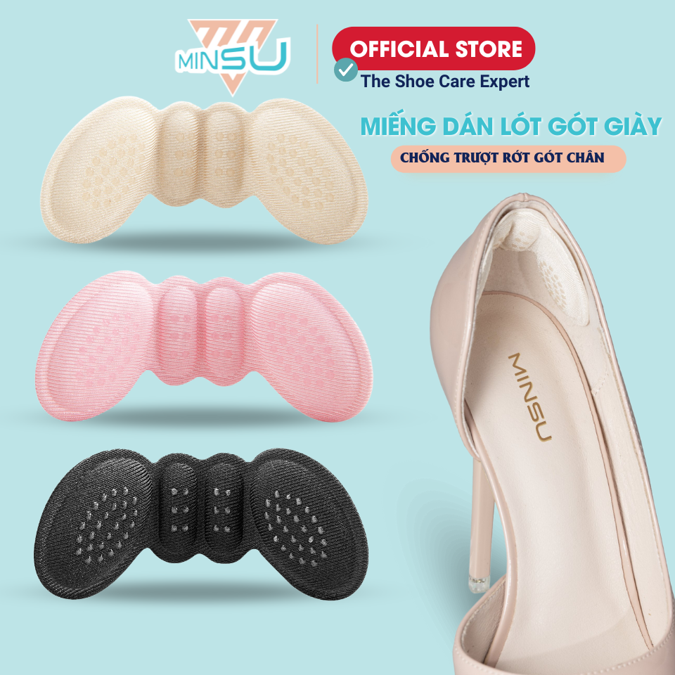 Miếng Dán Lót Gót Giày Cánh Bướm Có Gắn Hạt Silicone Giúp Tăng Độ Bám MINSU M5517 Lót Đệm Bảo Vệ, Chống Trầy, Rớt Gót Chân, Giúp Giảm Size Giày Bị Rộng Chuyên Cho Giày Cao Gót, Thể Thao Sneaker Nam Nữ