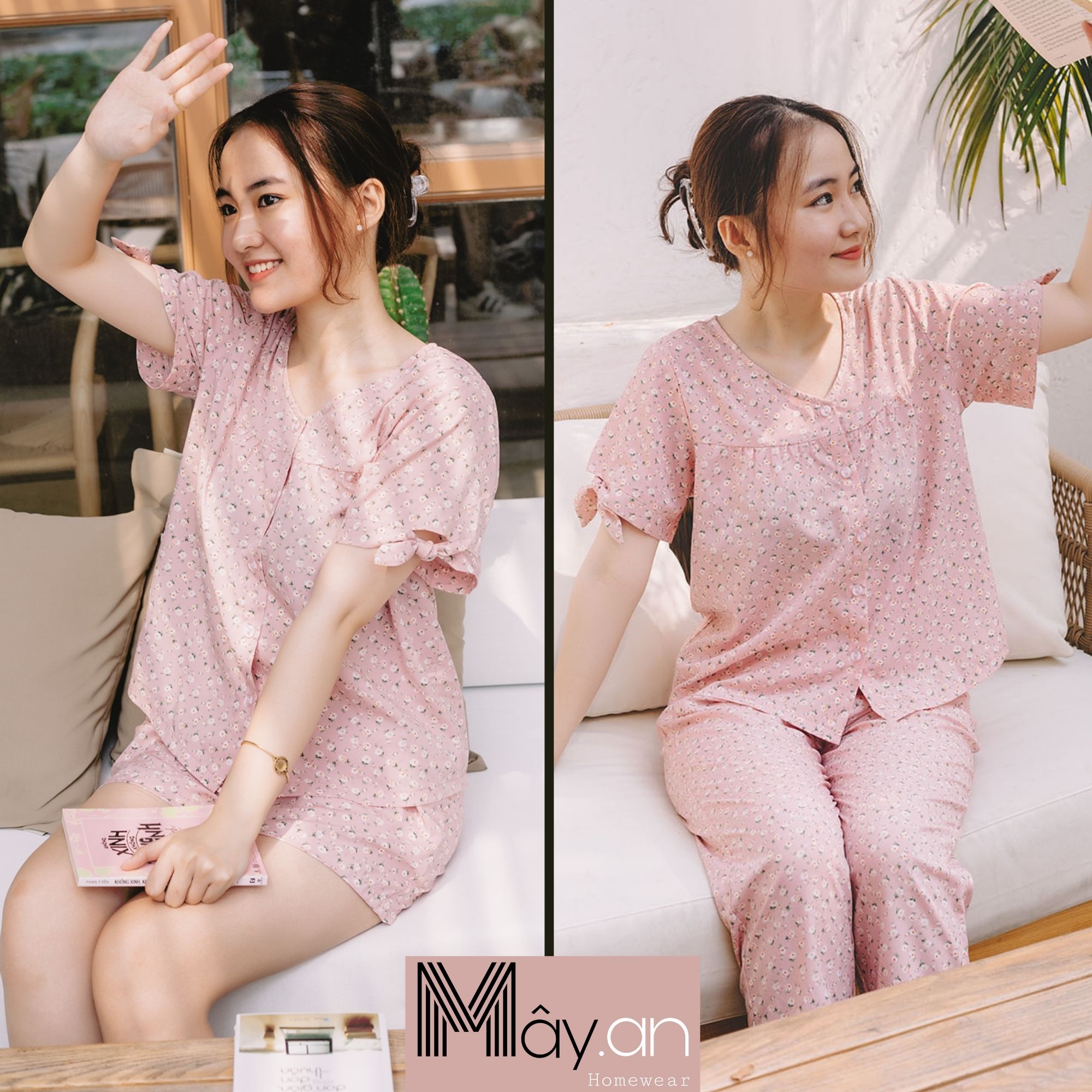 Đồ mặc nhà MÂY áo cổ tim tay cột nơ quần dài lụa Nhật họa tiết hoa nhí - Hồng