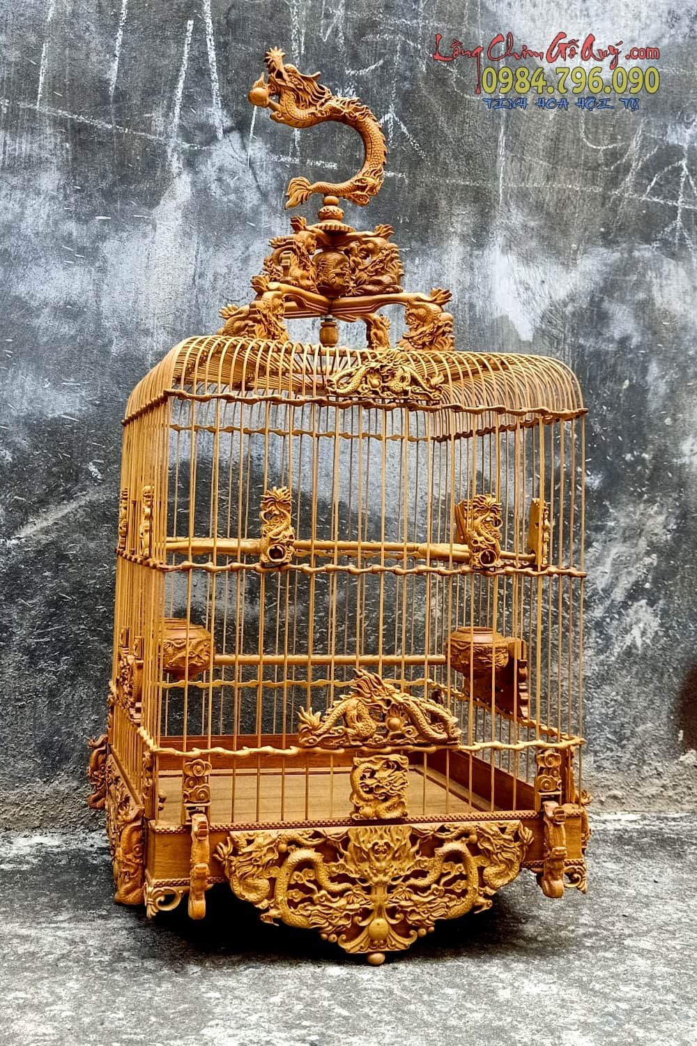 Lồng chim chào mào tích phom uốn vai mới tích TỨ LINH gỗ bạch mỏ