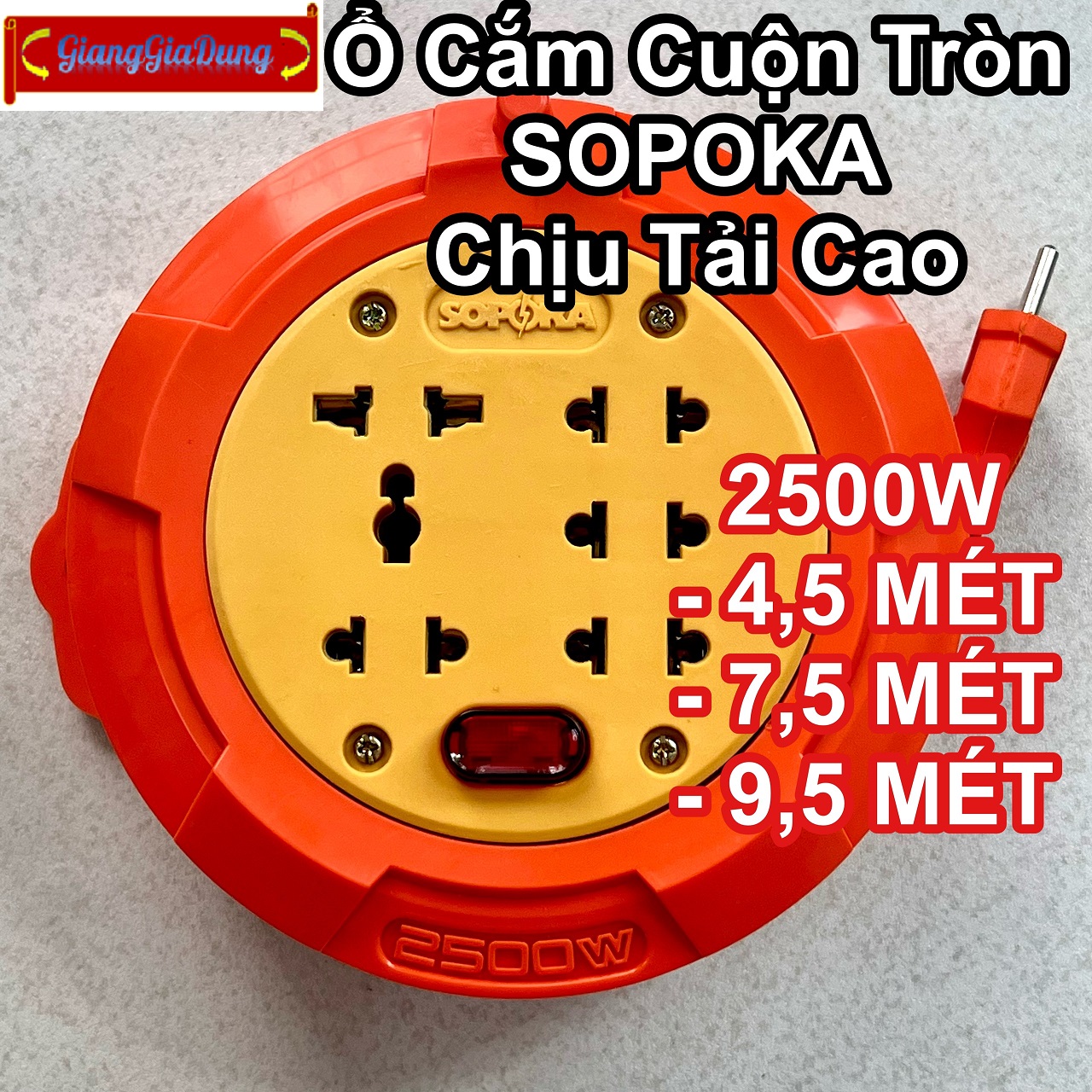 Ổ Cắm Điện Tròn Xoay Tay Lõi Sứ R45, R75, R95 SOPOKA Chịu Tải Cao 2500W Dài 4,5 - 7,5 - 9,5 Mét