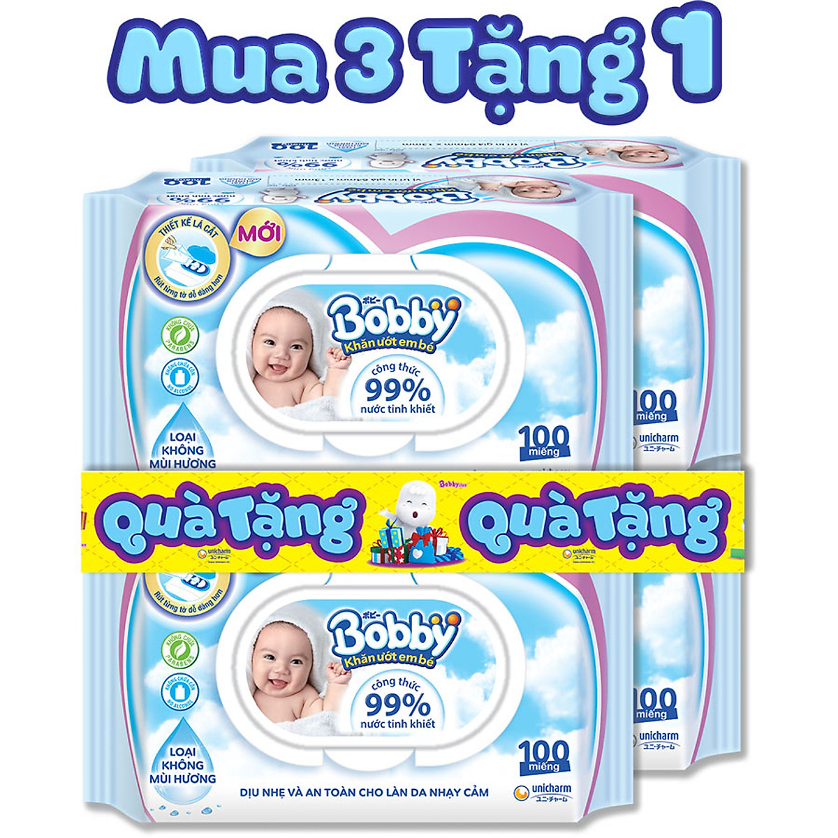 Bộ 4 gói Khăn ướt Bobby không mùi 100 tờ/gói
