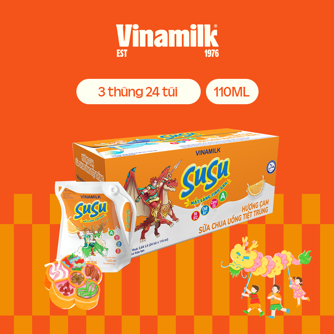 3 Thùng Sữa chua uống tiệt trùng Hương Cam Vinamilk Susu 110ml 24 Túi/ thùng