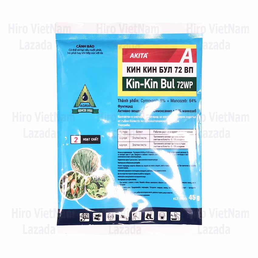 Chế Phẩm Trừ Bệnh Kin-Kin Bul 72WP có tác dụng tiếp xúc lưu dẫn mạnh hấp thu nhanh và lưu chuyển tới khắp các bộ phận nhanh chóng bảo vệ cây trồng 30 phút sau khi phun (Gói 45g)