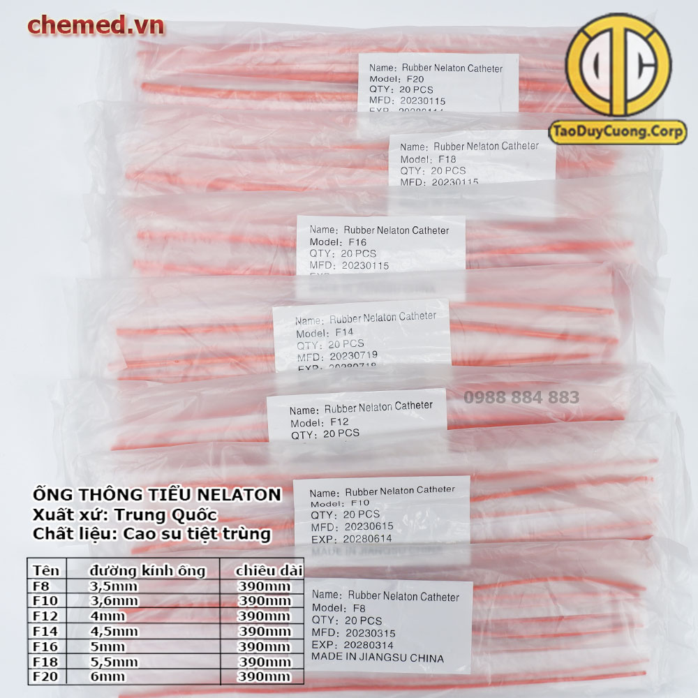 Ống thông tiểu nữ Nelaton cao su tiệt trùng, dây thông tiểu nữ, các size 8F đến 20F
