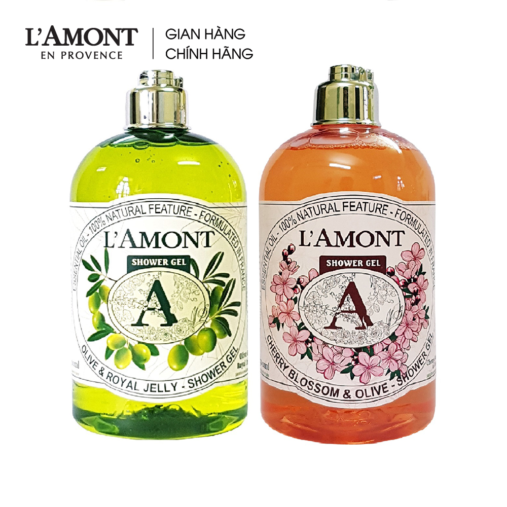 Sữa tắm L'Amont En Provence Olive hương Ô liu 500ml và Sữa tắm L'Amont En Provence Cherry Blossom hương hoa anh đào 500ml