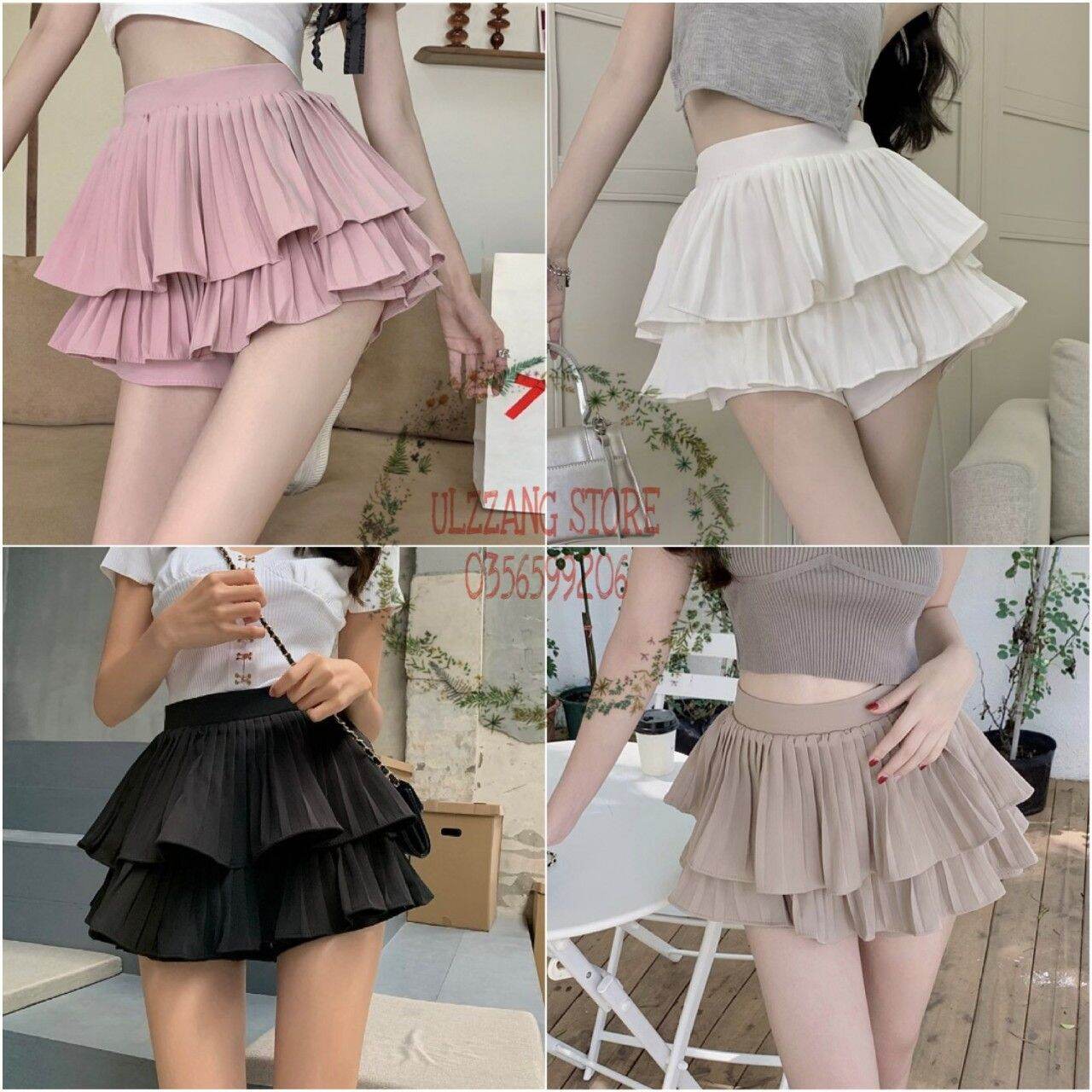 Chân váy ngắn xếp ly xòe 2 tầng màu đen , trắng lưng thun cạp cao có quần lót trong ôm eo thời trang