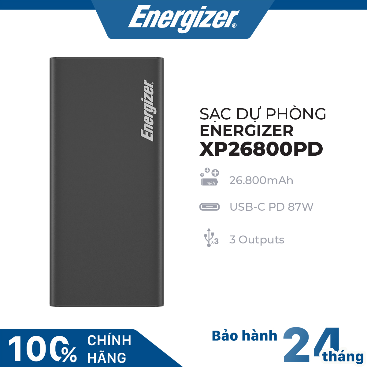 Sạc dự phòng Energizer XP26800PD - 26800mAh 2 cổng USB-A 1 cổng USB-C tích hợp PD 87W hỗ trợ sạc nhanh cho laptop, điện thoại.
