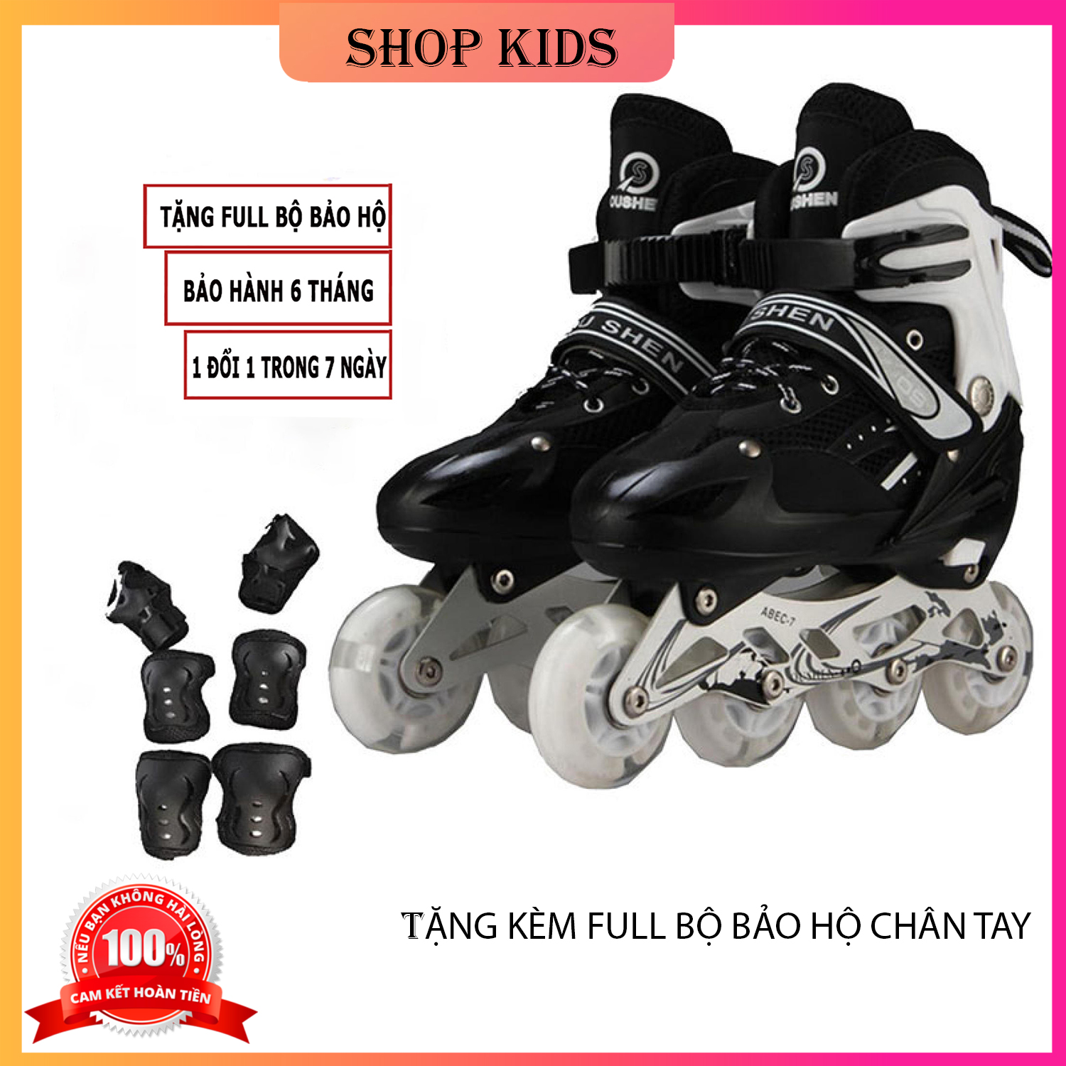 Giày Patin trẻ em tặng kèm bảo hộ chân tay và Mũ , bánh xe phát sáng đi vừa với bé trai và gái từ 3-14 tuổi, có 3 màu Đỏ, Hồng, Xanh Đồ chơi tăng cường thể chất cho bé