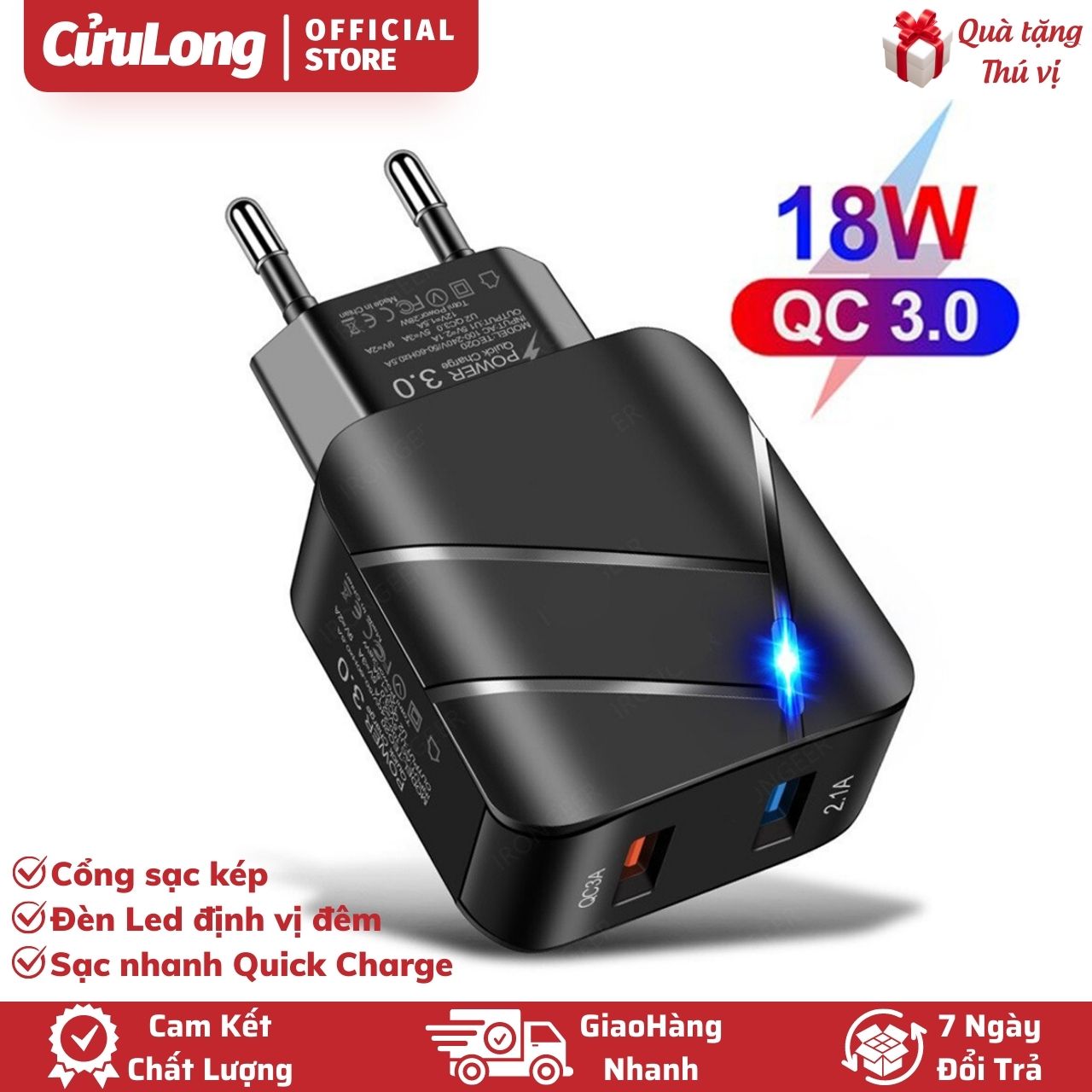 Củ Sạc Nhanh 18W Quick Charge 3.0 Cổng Sạc Kép Đèn Led Sạc Cùng Lúc 2 Thiết Bị, cốc sạc phát sáng CuuLongstore