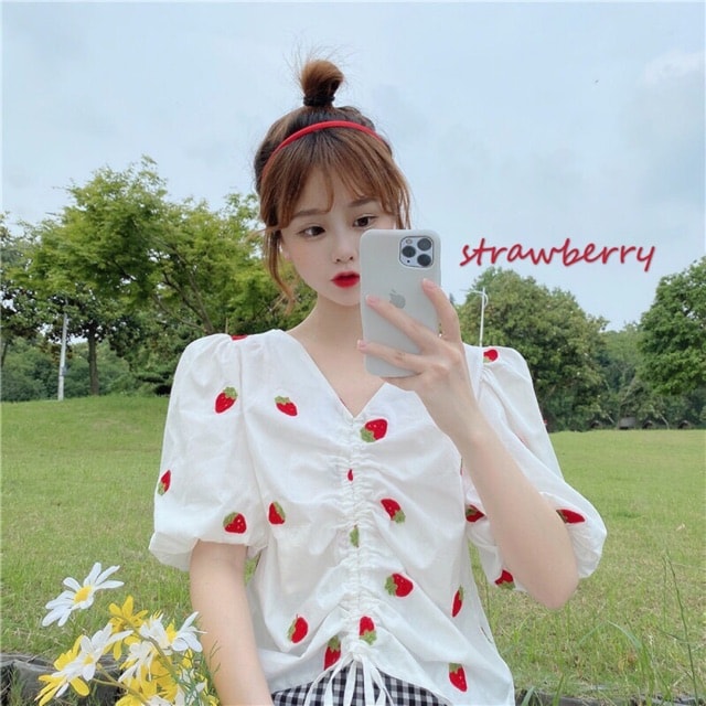 Áo croptop rút ngực tay ngắn phồng quà dứa