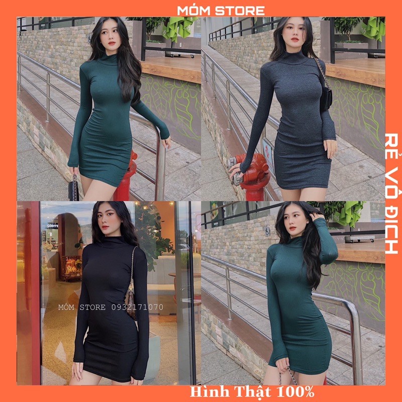 Đầm Ôm Body Cổ Lọ Tay Dài - Đầm Thun Gân Xịn [ ẢNH THẬT 100%]