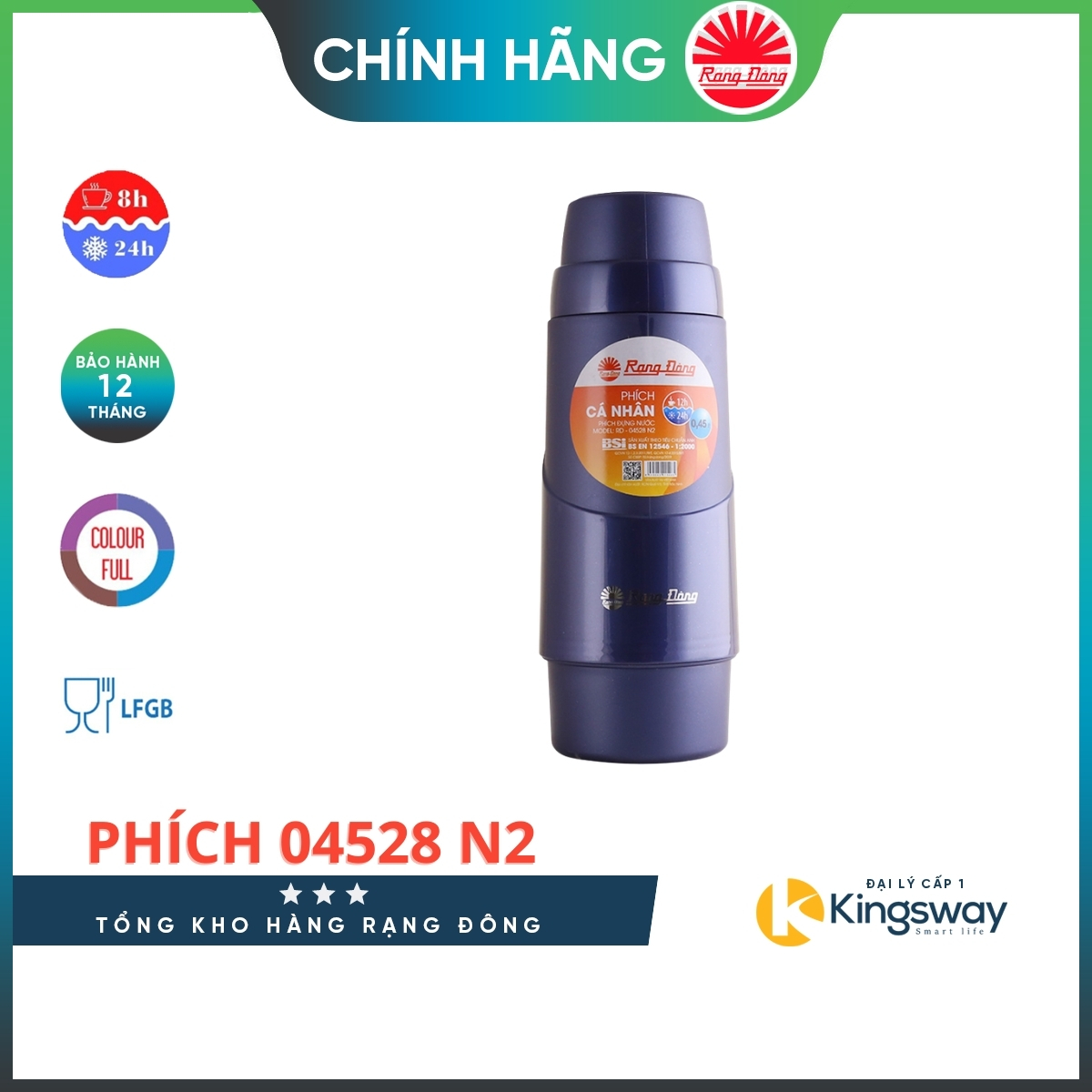Phích Giữ Nhiệt Rạng Đông Cao Cấp Chính Hãng Phích cầm tay RD 04528 N2 Dung Tích 450 ml