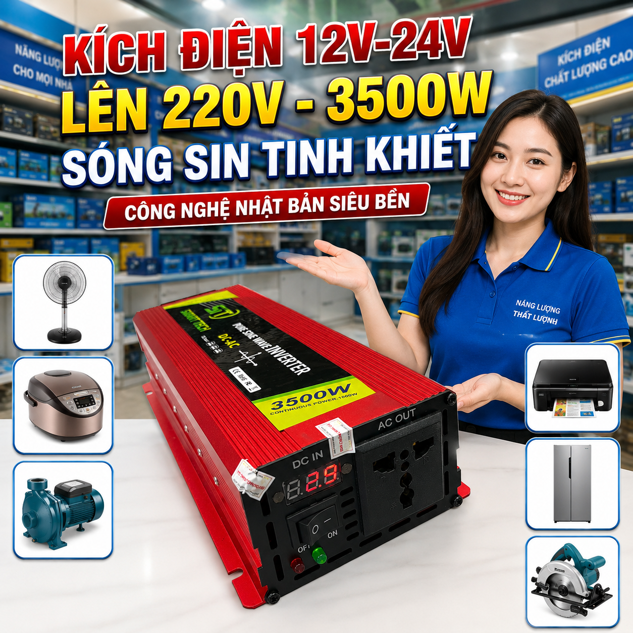 Kích Điện SMART 3500W Công Suất Lớn Sóng Sin Tinh Khiết - Bộ Đổi Nguồn 12V 24V Lên 220V Đa Năng