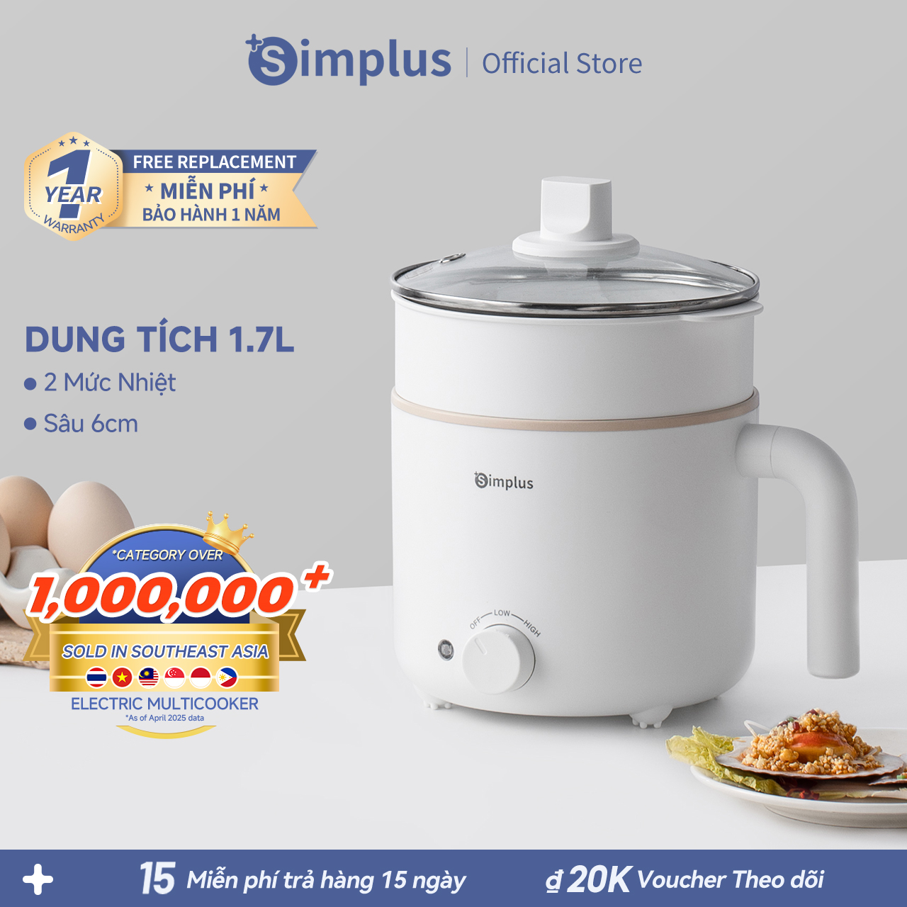 [New Arrival] Simplus Nồi điện đa năng Nồi đa năng 1.7L  2 Mức điều chỉnh  Nấu lẩu hầm thịt nấu cháo DZGH011- Bảo hành 1 năm 1 đổi 1