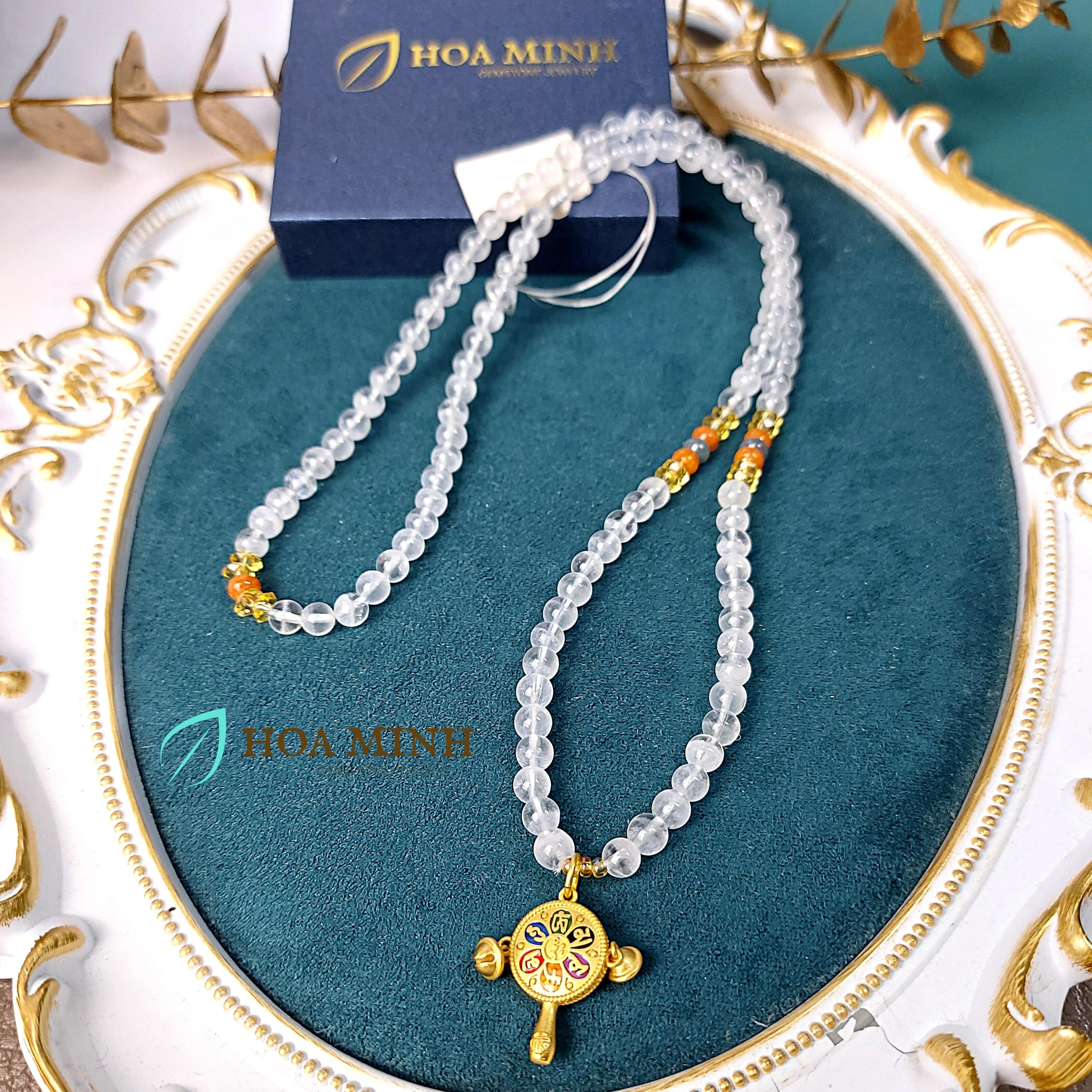 Vòng tay Chuỗi 108 hạt Thạch Anh Ưu Linh tự nhiên trắng 6 li mix Charm Thạch Anh Vàng cắt giác, Ngọc Cẩm Thạch Huyết | Hoa Minh Gem