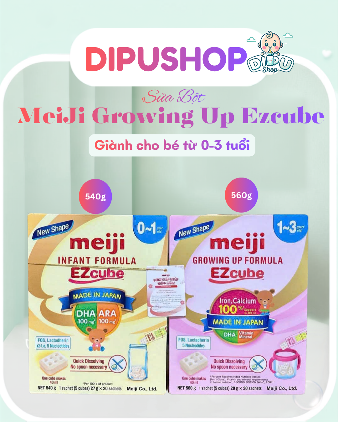 Sữa Công Thức Meiji Ezcube Nhập Khẩu Nhật Phát Triển Trí Não Cho Bé 0-3 Tuổi