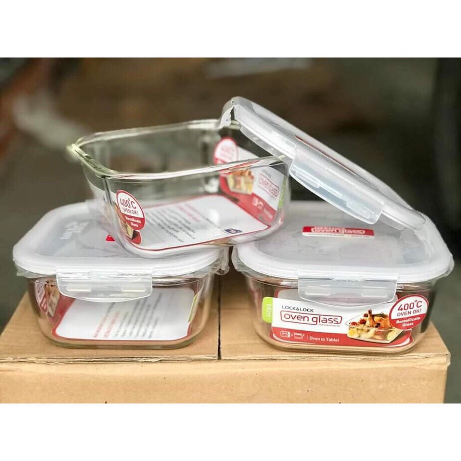 Hộp thuỷ tinh vuông lock&lock 840ml có nắp đậy, kín hơi chống tràn, thố thuỷ tinh đựng thức ăn, chịu nhiệt độ cao, dùng được lò nướng