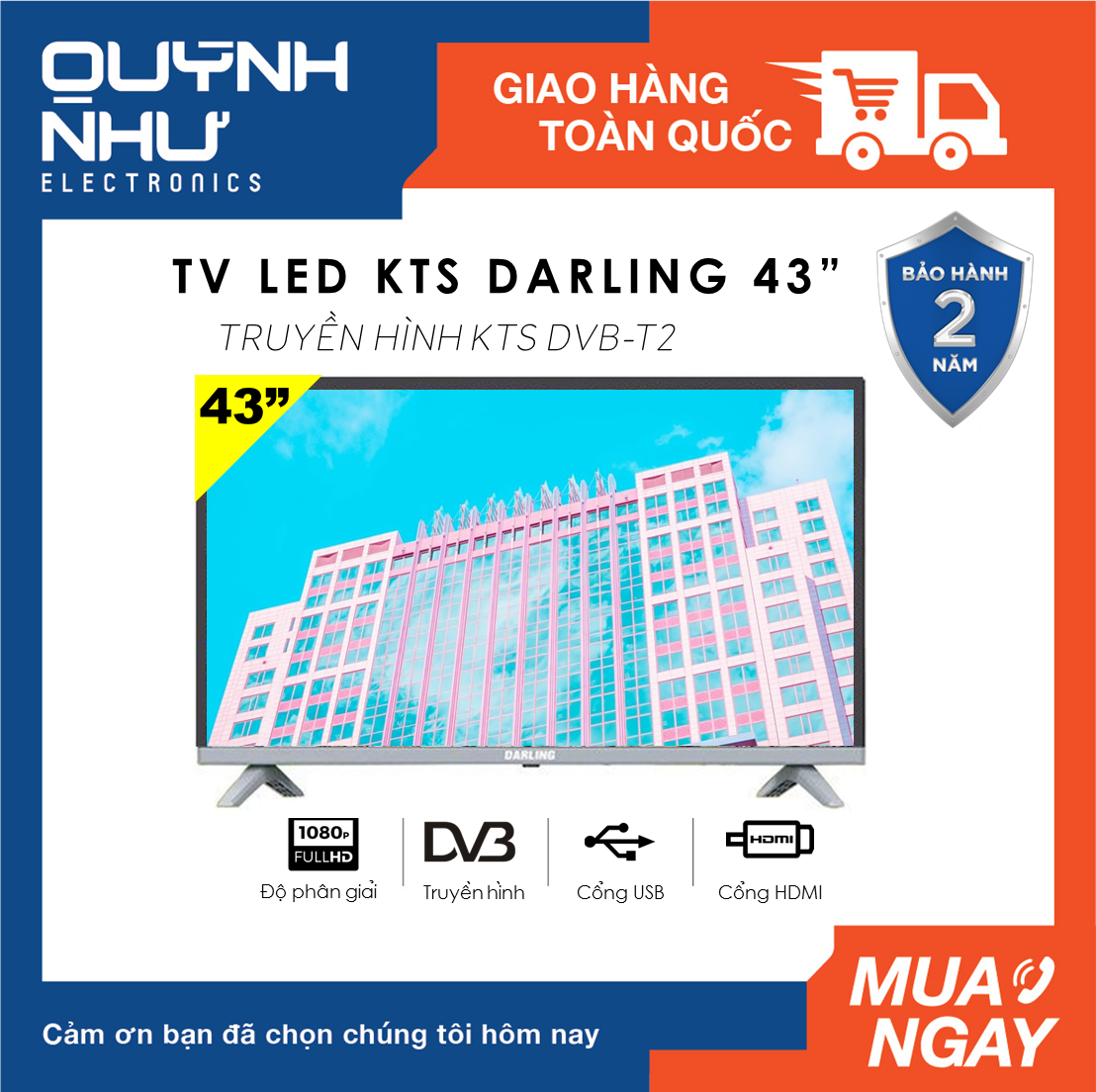 (Trả góp 0%) Tivi LED Digital DVB-T2 Darling 43 inch 43FH958 (Full HD, Truyền hình kỹ thuật số, Dolby Surround, màu đen) - Tivi giá rẻ - Bảo hành toàn quốc 2 năm