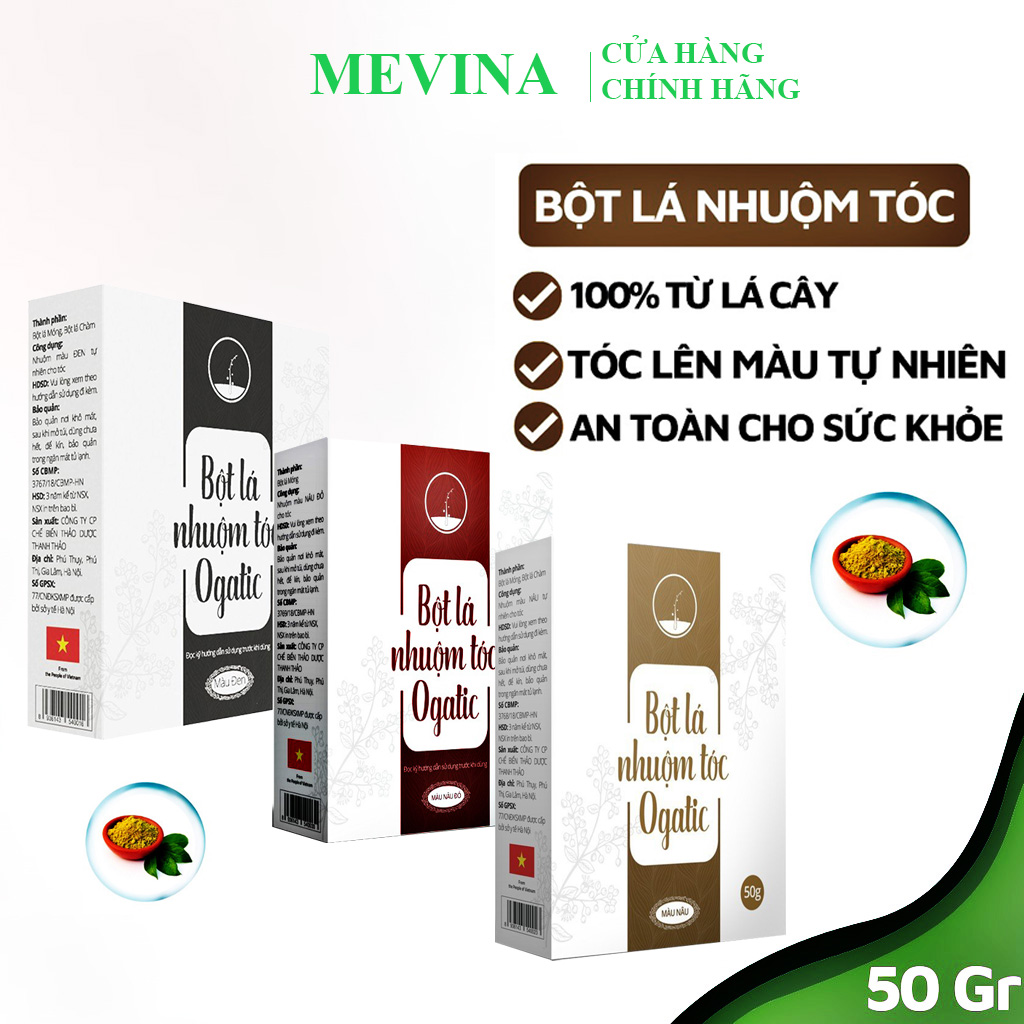Bột lá nhuộm tóc ogatic,thuốc nhuộm thảo dược phủ bạc từ lá móng lá chàm, hàng chính hãng 50g - mevina store
