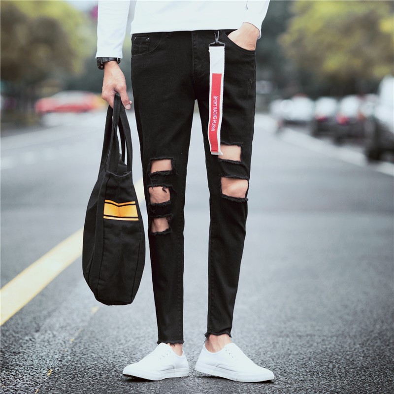 Quần jean trắng đen rách thời trang