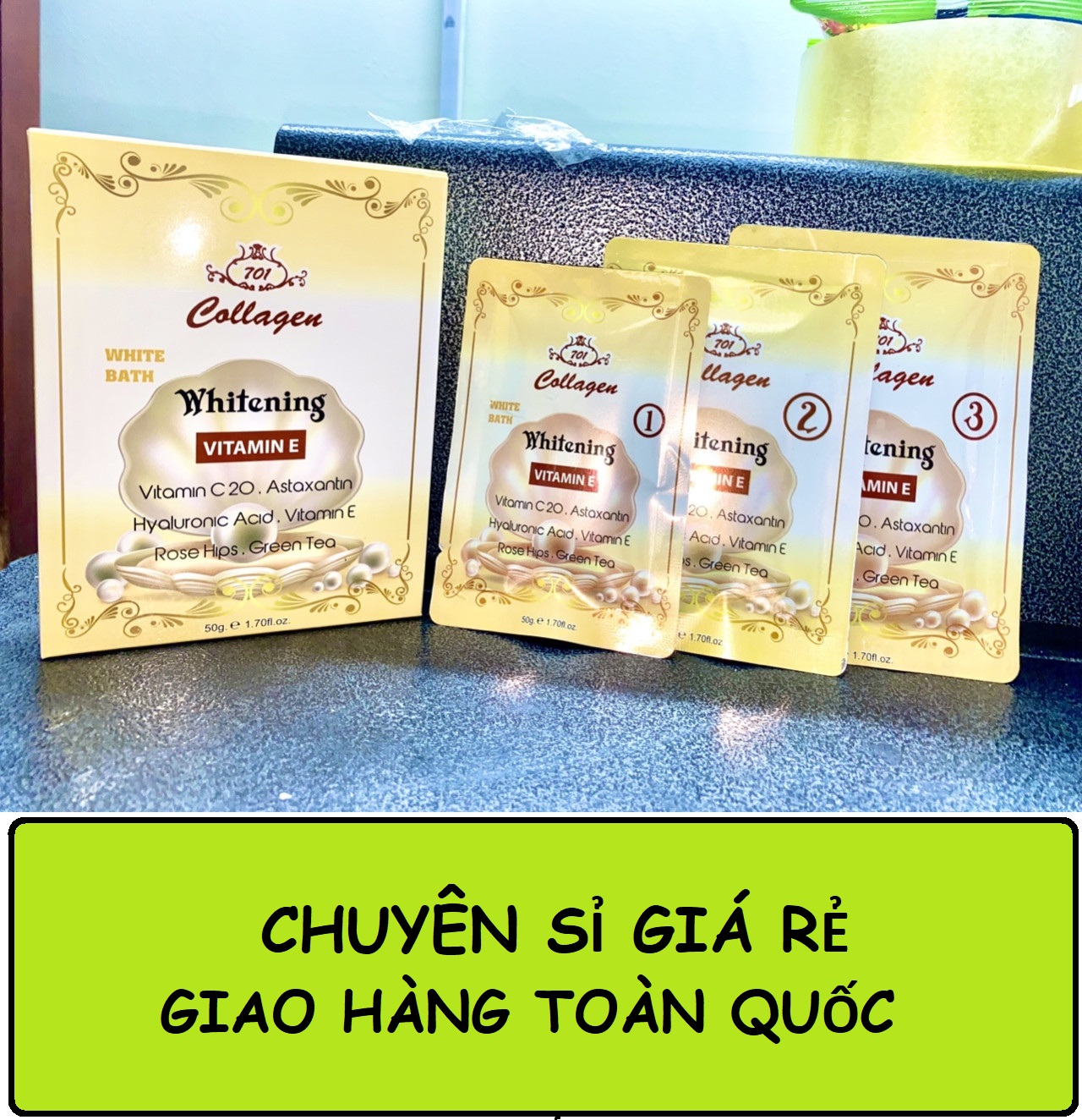 Bộ 3 gói tắm trắng bật tone 701 Collagen Whitening