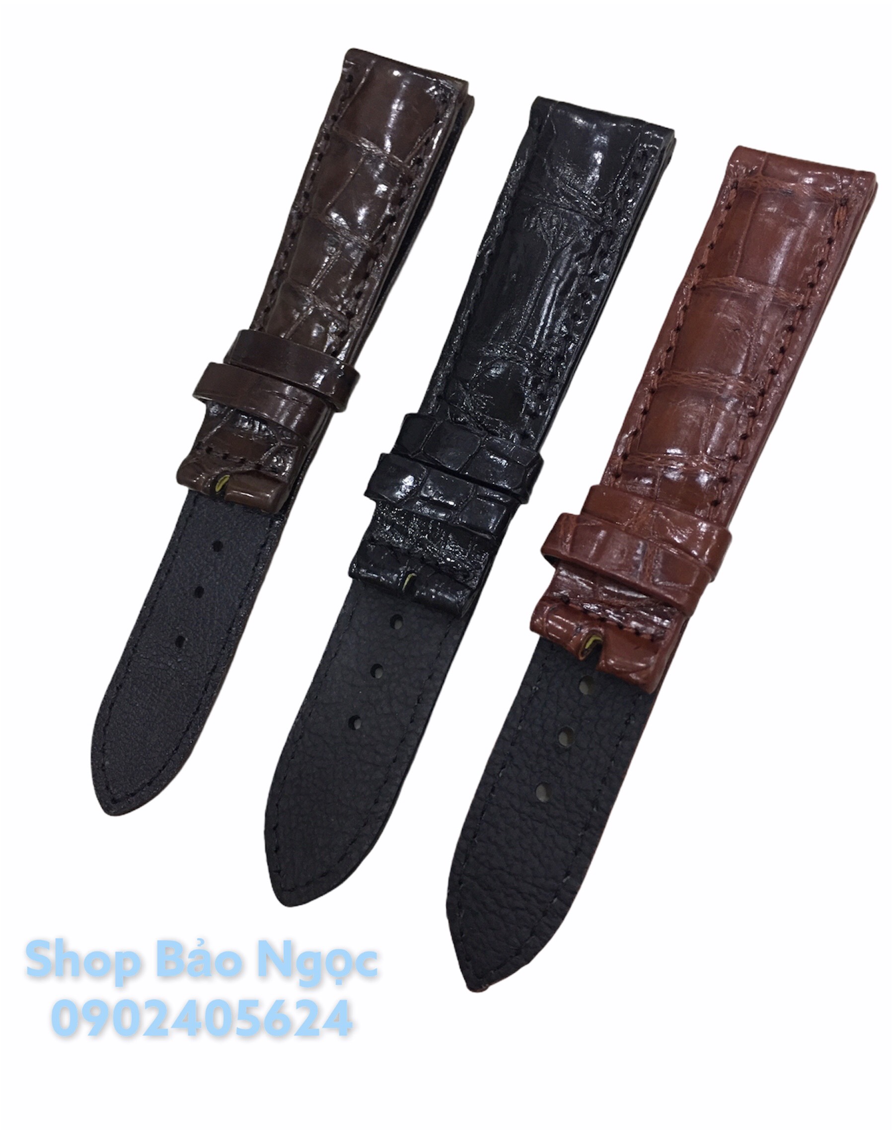 Dây đồng hồ da cá sấu thật màu nâu đất vân trúc size 18-20-22mm