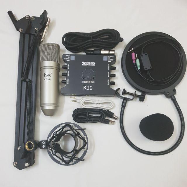 Combo bộ mic livestream hát karaoke thu âm micro isk at100 card k10 dây ma2 chân màng lọc âm