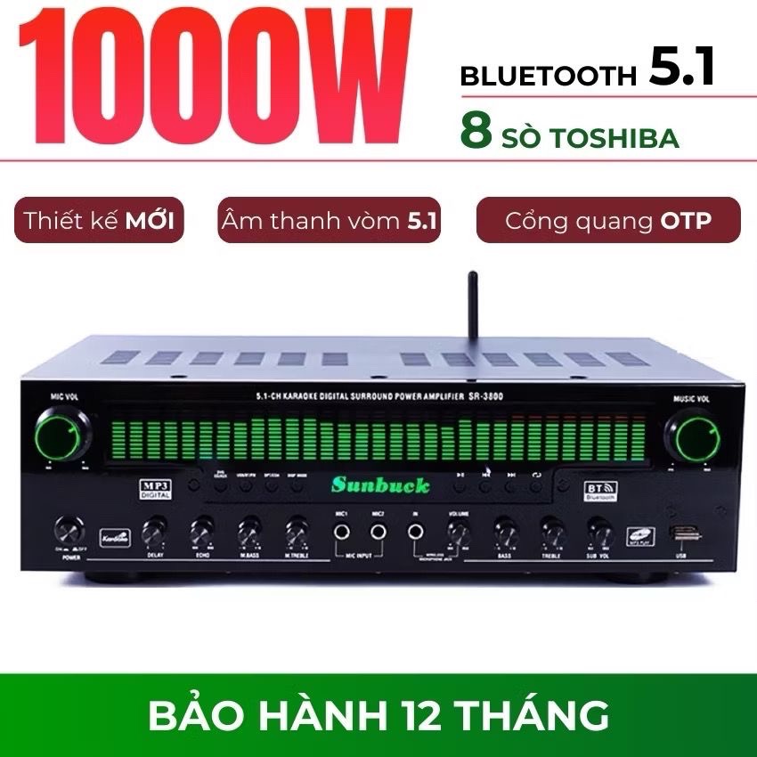 Amly karaoke bluetooth Sunbuck SR 3800 công suất lớn, dải đèn EQ thay đổi 9 kiểu theo sở thích, chất lượng âm thanh tốt, âm ly