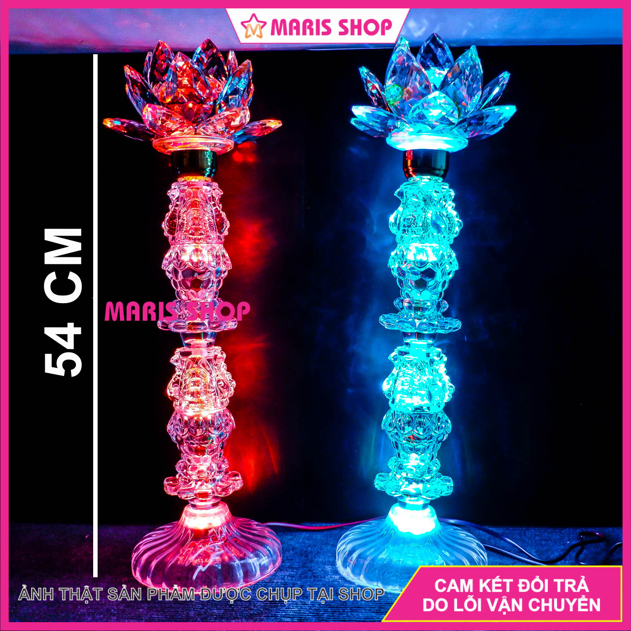 Đèn thờ pha lê nguyên khối cao 54cm loại lớn cao cấp led đổi màu tiết kiệm điện chưng bàn thờ