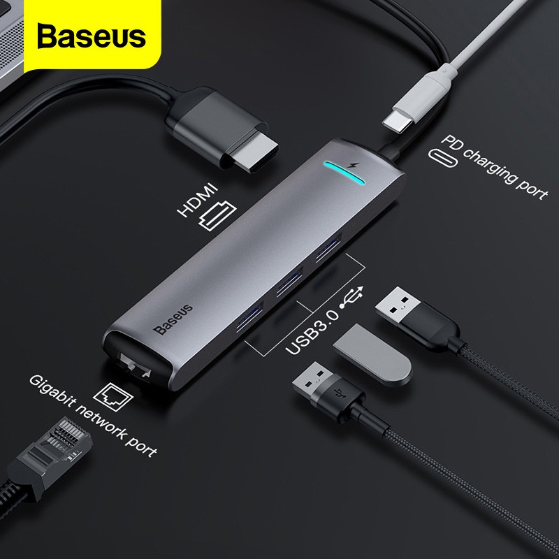 Bộ chuyển đổi hub baseus 6 in 1 cho smartphone/ laptop / macbook (type c to 3x usb 3.0, hdmi 4k, lan rj-45