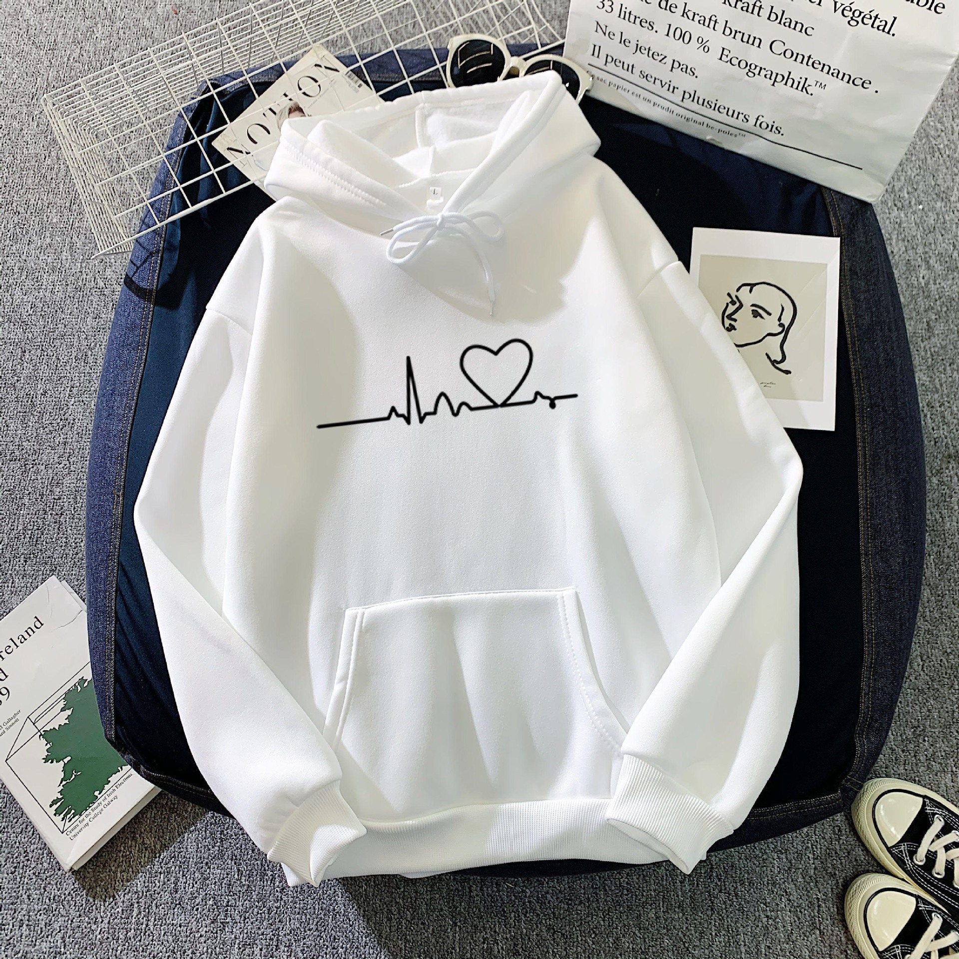 -A Áo Hoodie Liền Mũ Lót Nhung In Hình Nhịp Tim Xuyên Biên Giới Âu Mỹ Áo Cặp Đôi Thu Đông Rộng Rãi Dễ Phối
