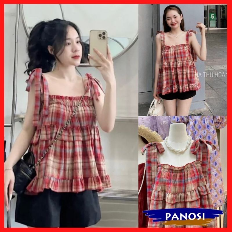 Áo hai dây nữ áo 2 dây kẻ caro đỏ viền bèo hottrends chất thô mềm mát PANOSI - A107