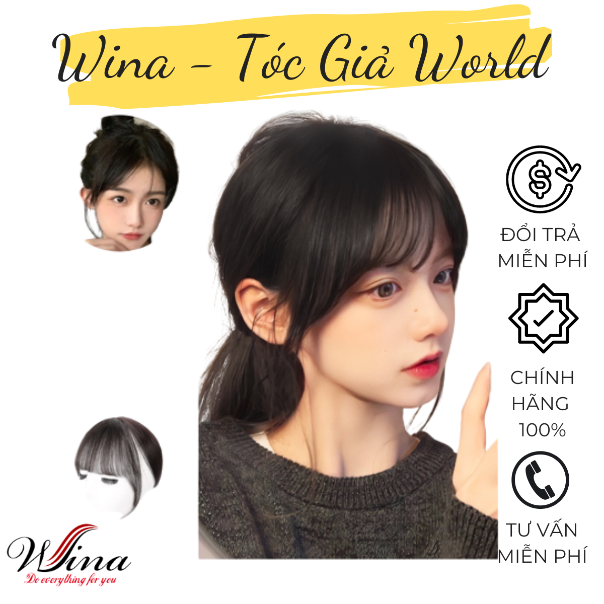 Tóc mái thưa 3d phủ đỉnh bằng tóc thật dài 30cm 3dm | tóc giả wina