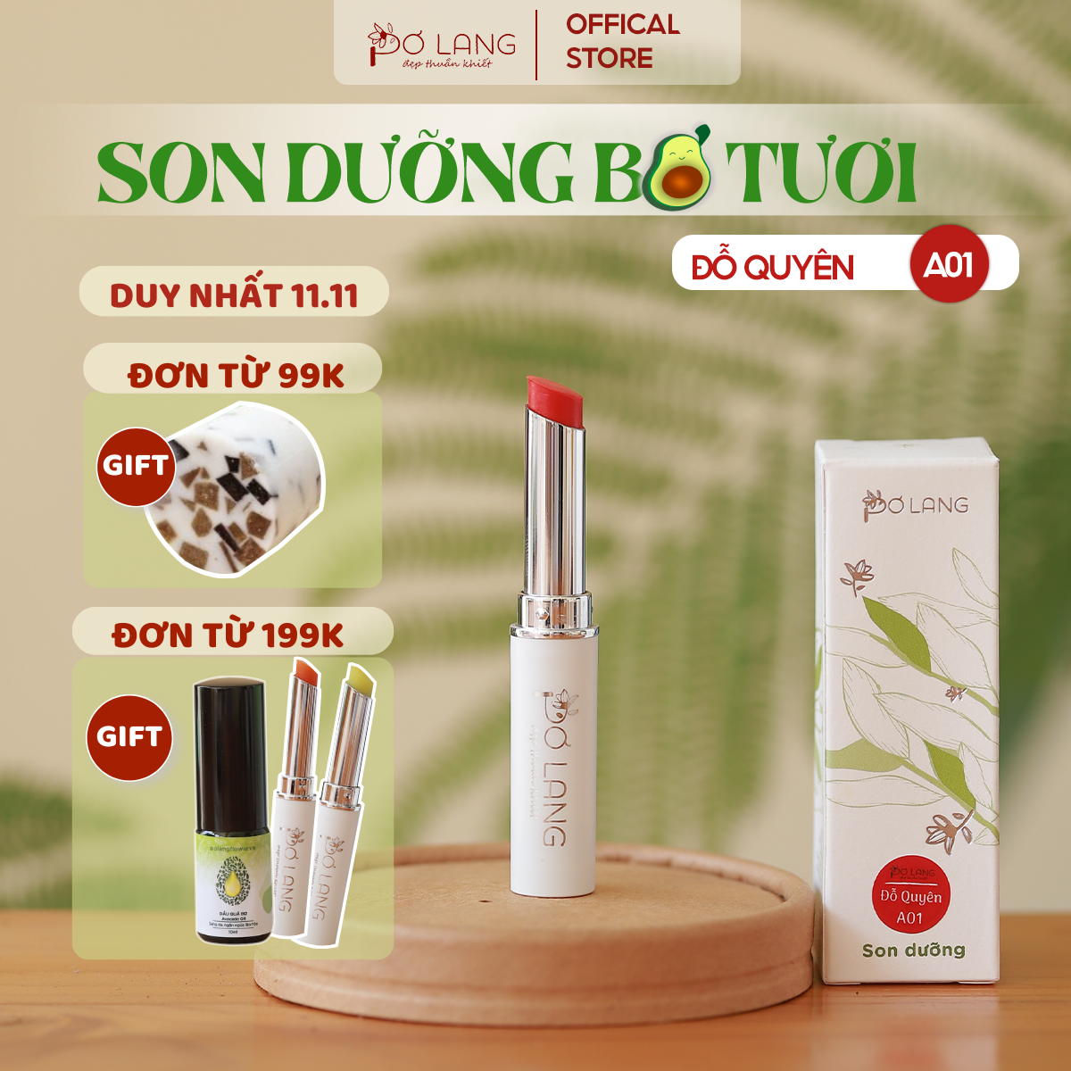 Son dưỡng môi có màu Đỏ Cam giảm khô môi dưỡng hồng môi từ trái Bơ Pơ Lang thỏi 5gam A01