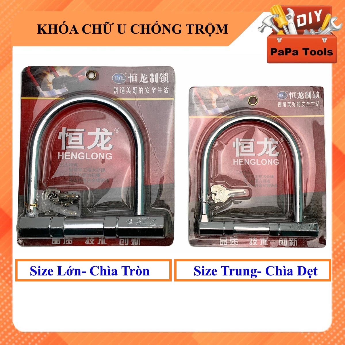 Khóa chống trộm xe máy chữ U mạ inox trắng Henglong Cỡ Lớn và Cỡ Vừa- Chống cắt hiệu quả