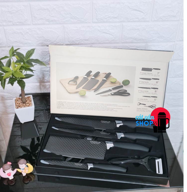 Bộ dao 6 món chống dính locknlock bằng thép không gỉ 4 dao 1 bào 1 kéo ckk103s6