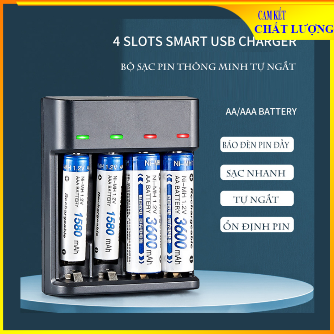 [Bmax-904U] Bộ sạc pin AA/AAA tự ngắt (pin tiểu, pin đũa), Sạc pin thông minh tốc độ cao, đầu vào USB 4 cổng