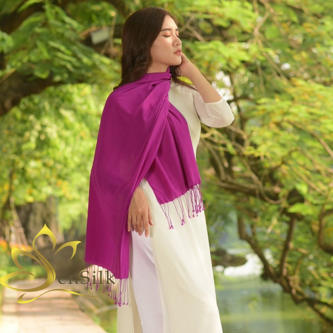 Khăn Lụa Tơ Tằm SenSilk Luxury Tím Huế - Quà Tặng Mẹ - 100% Silk made in Vietnam, Vải Lụa Bảo Lộc, Lụa Tơ Tằm Việt Nam, Khăn Lụa Dài 200x55cm