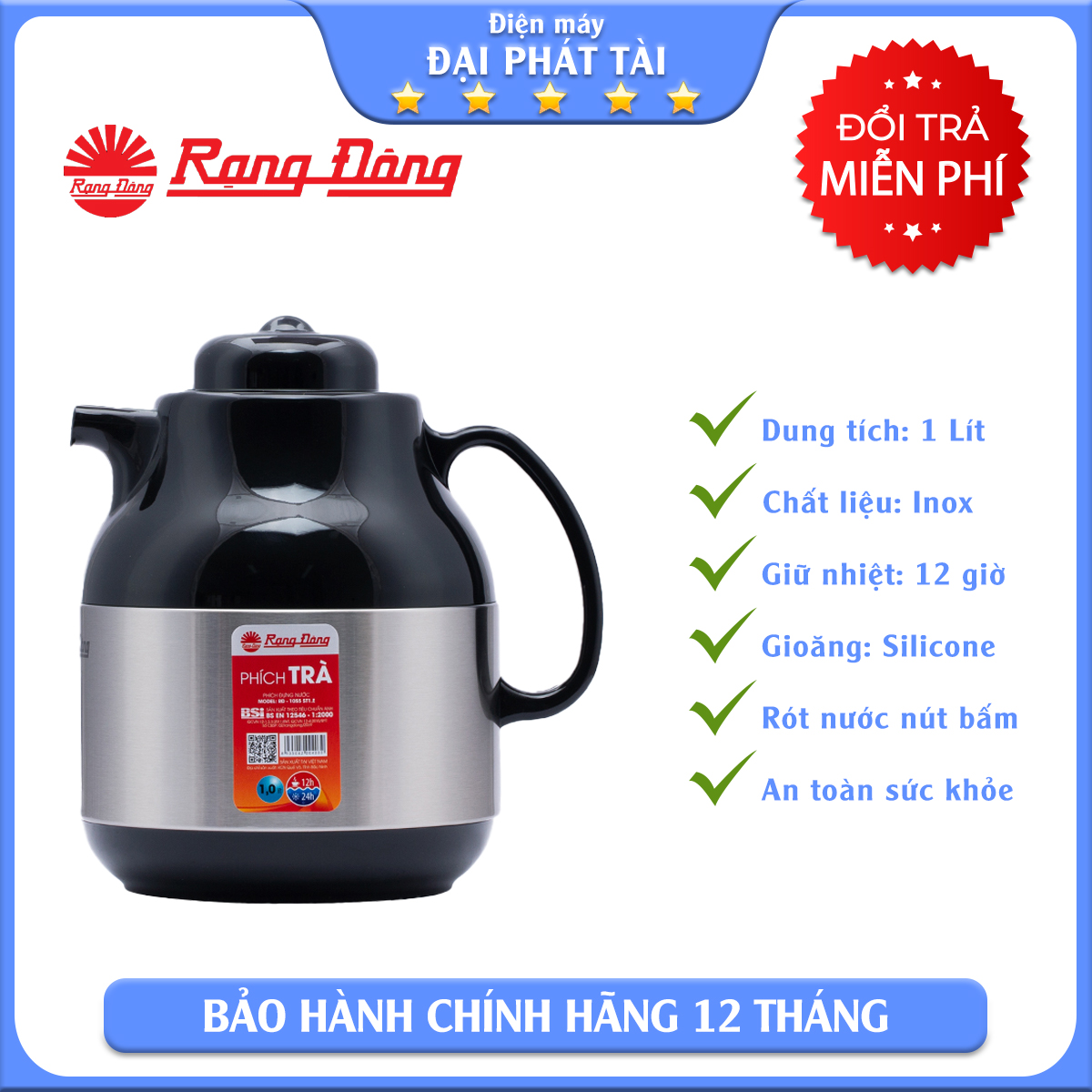 [HCM]Bình trà giữ nhiệt Rạng Đông RD 1055 ST1.E - 1 lít (Inox-trắng)