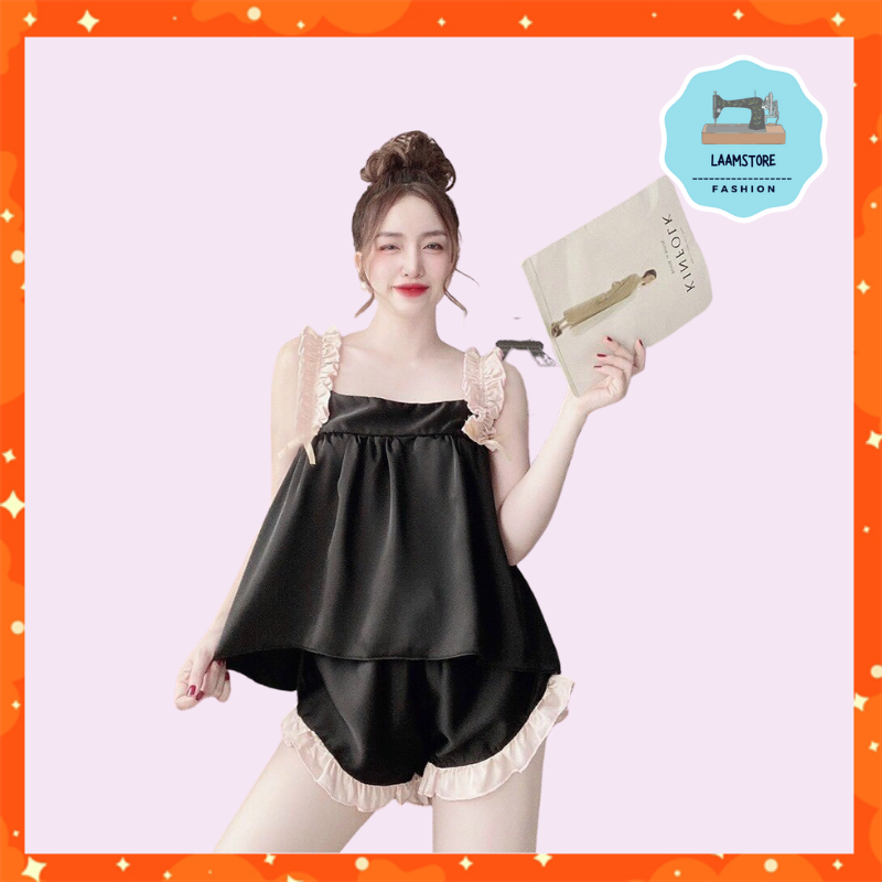 Đồ bộ nữ đẹp, bộ hai dây dún kèm quần viền bèo chất Lụa Satin mềm mát