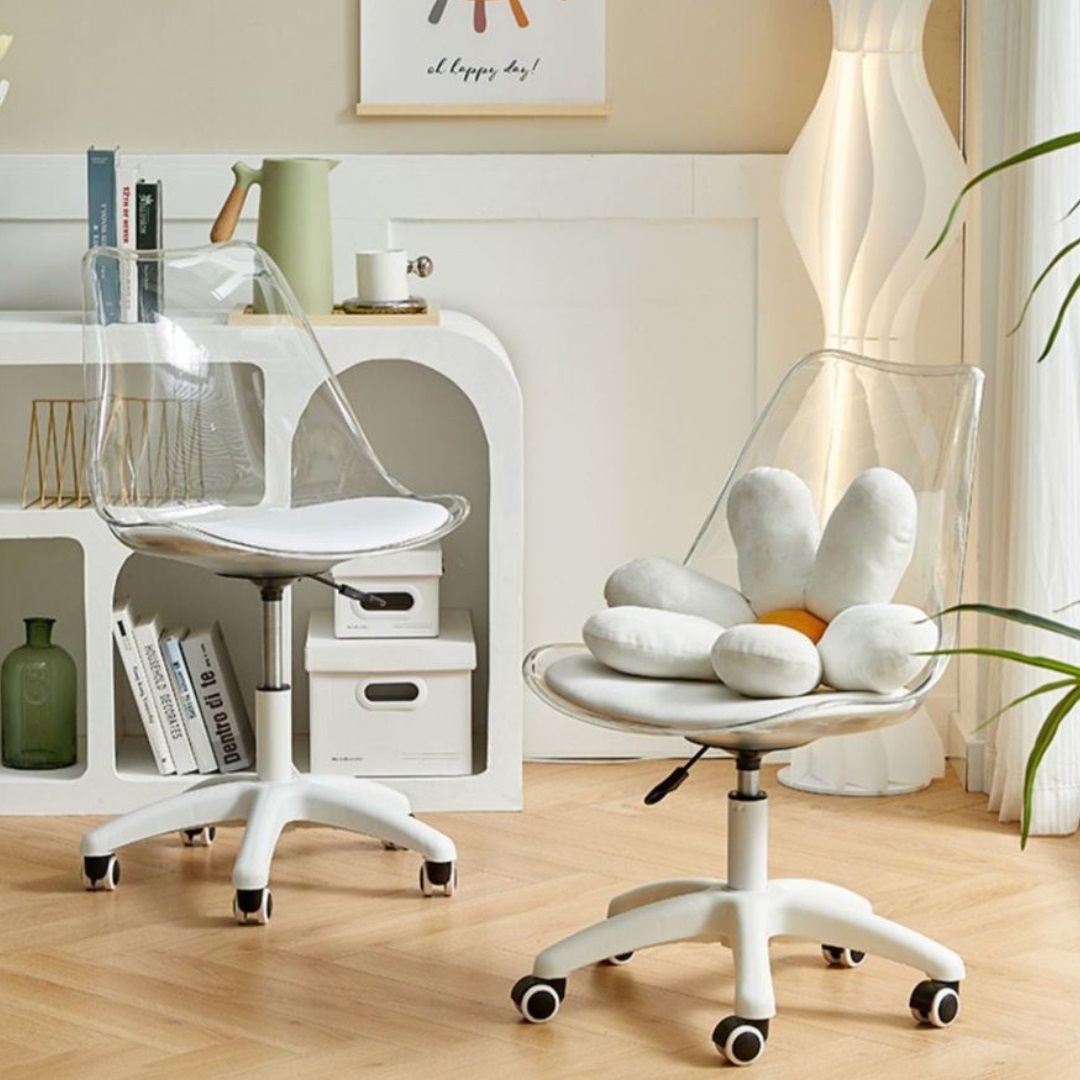 Ghế xoay nhựa trong suốt có đệm, ghế trong suốt đệm bọc simili cao cấp chân nhựa xoay làm việc decor
