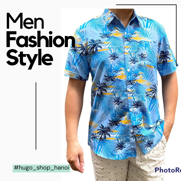 Áo sơ mi nam họa tiết đi biển ngắn tay có khuy chất liệu vải kate Hàn Quốc không nhăn, không co, thoáng khí HUGO Shop