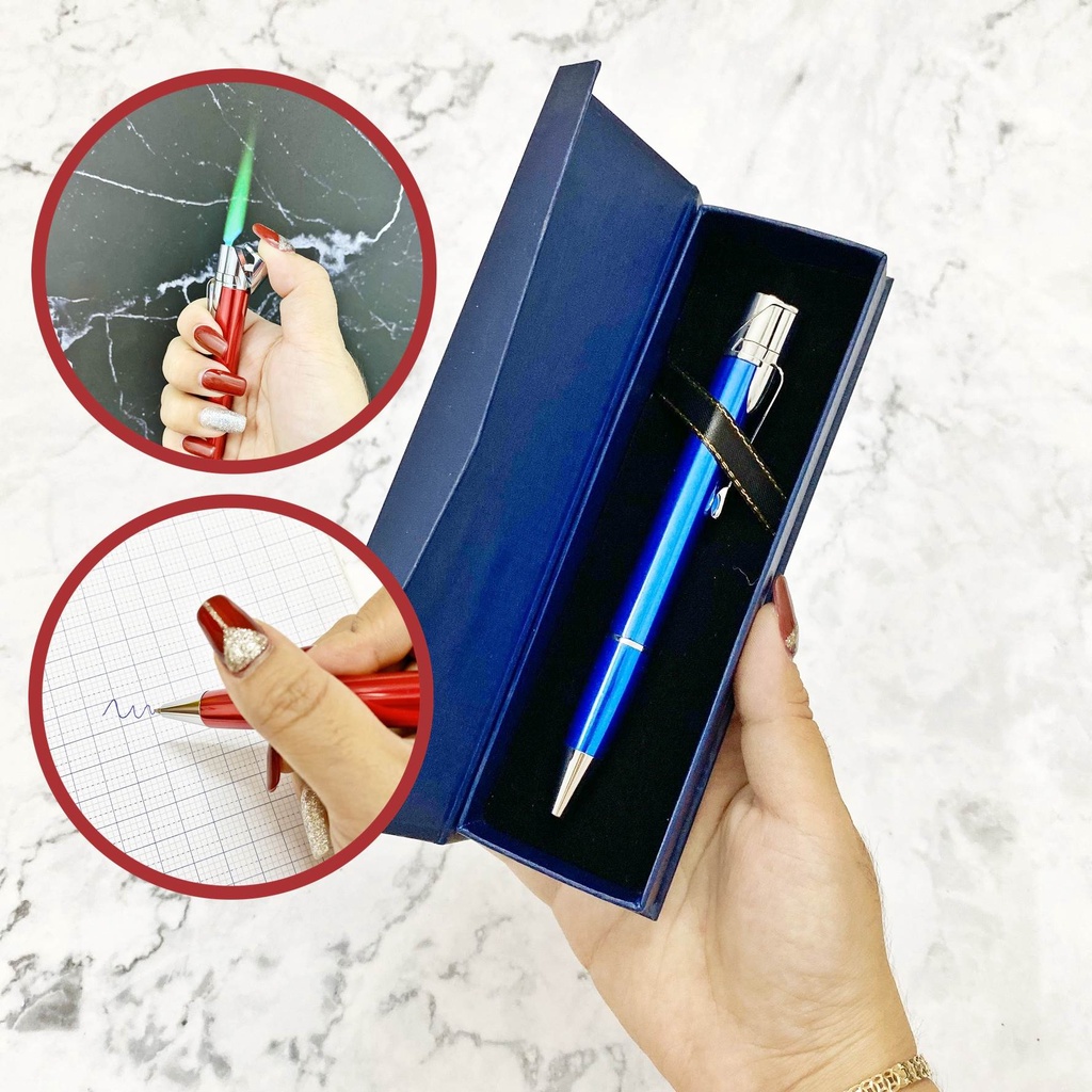 Hột quẹt bật lửa cây bút bi 2in1 kim loại viết chữ được