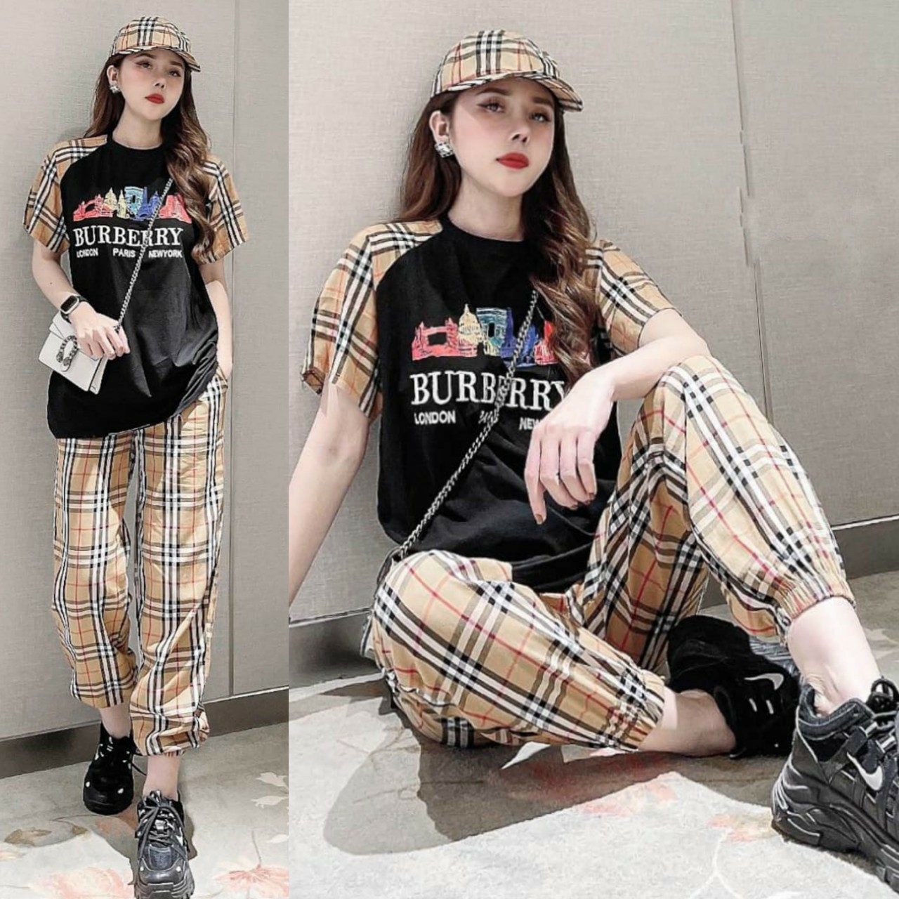 Đồ bộ thun form rộng phối caro họa tiết thời trang