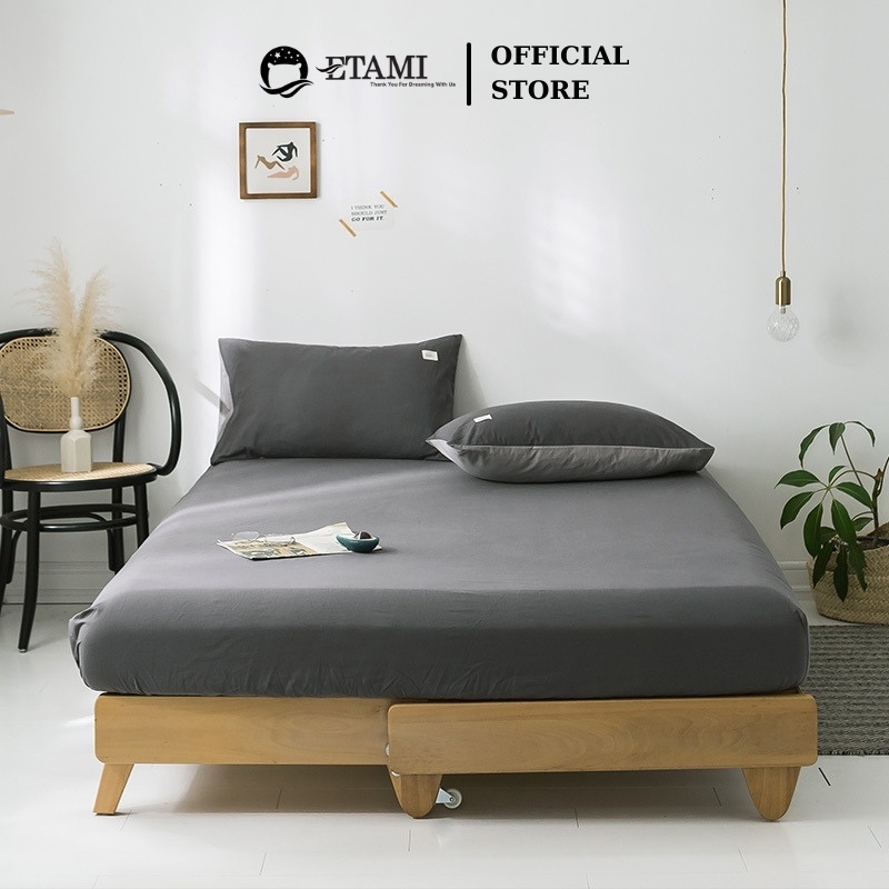 Bộ ga gối cotton tici ETAMI ga trải giường và 2 vỏ gối màu xám đậm bo chun cho drap giường ga trải giường T05