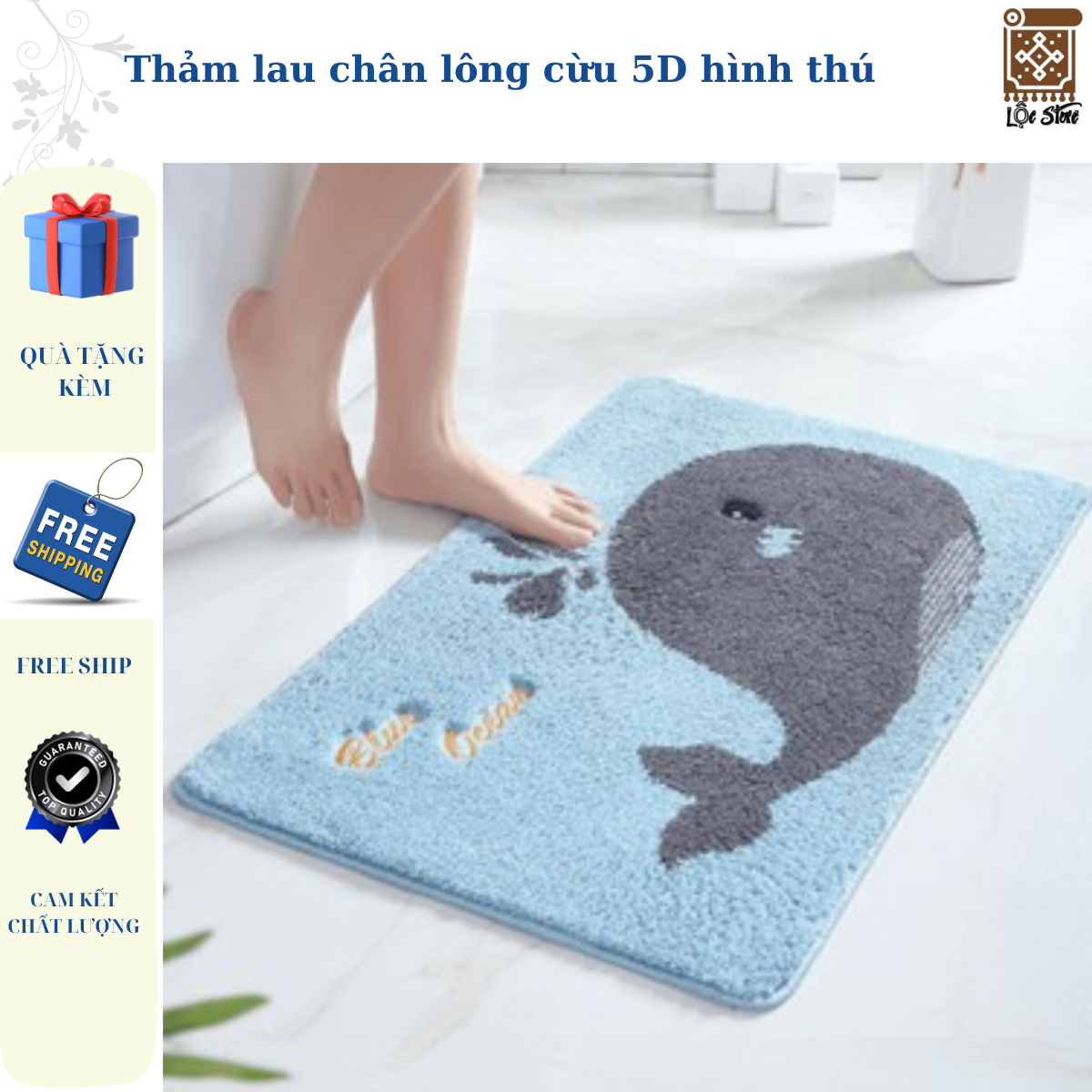 Thảm lau chân lông cừu 5D, thảm chùi chân thấm nước, chống trượt, thảm chân hình thú - Lộc Store