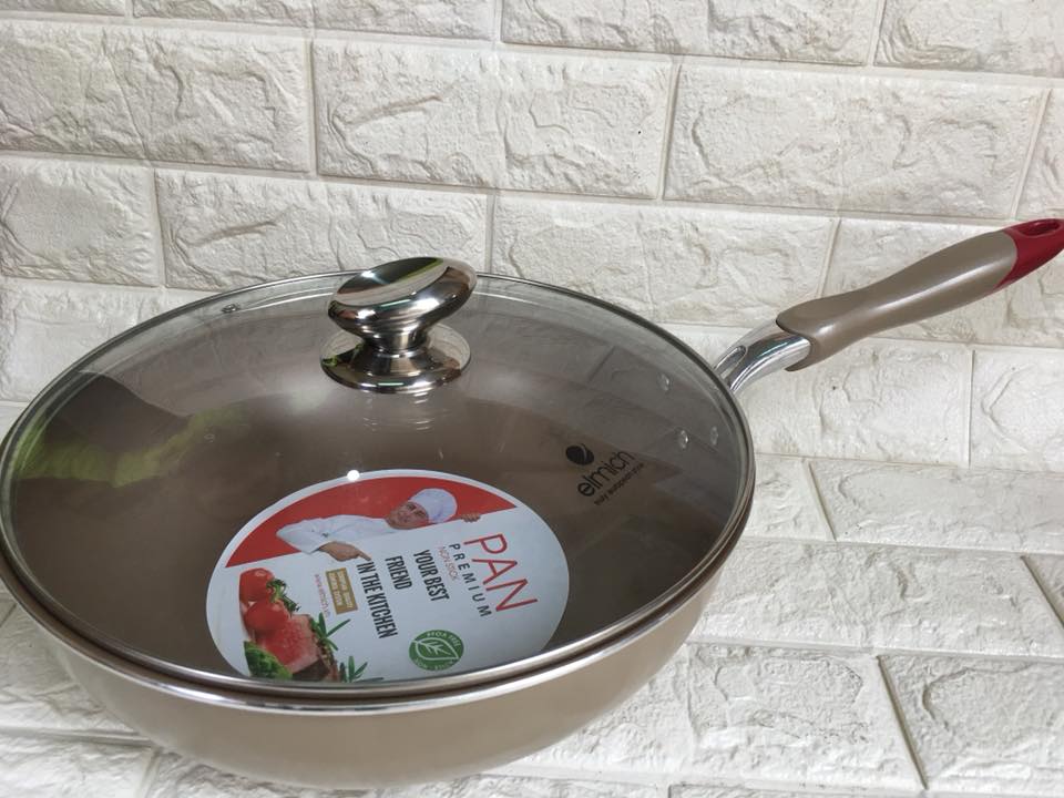 Chảo chống dính sâu lòng kèm vung kính Elmich đáy từ EL-1166 Helen 30cm màu ngọc trai